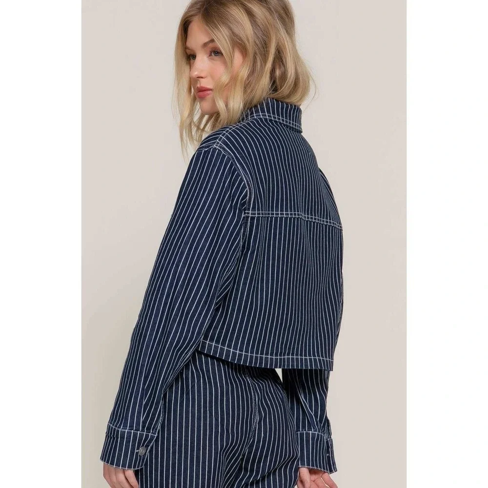 Pinstripe Cropped Denim two piece set Large Button Front Workwear